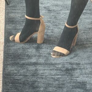 Sam Edelman Tan and Black Block Thin Strap Heels